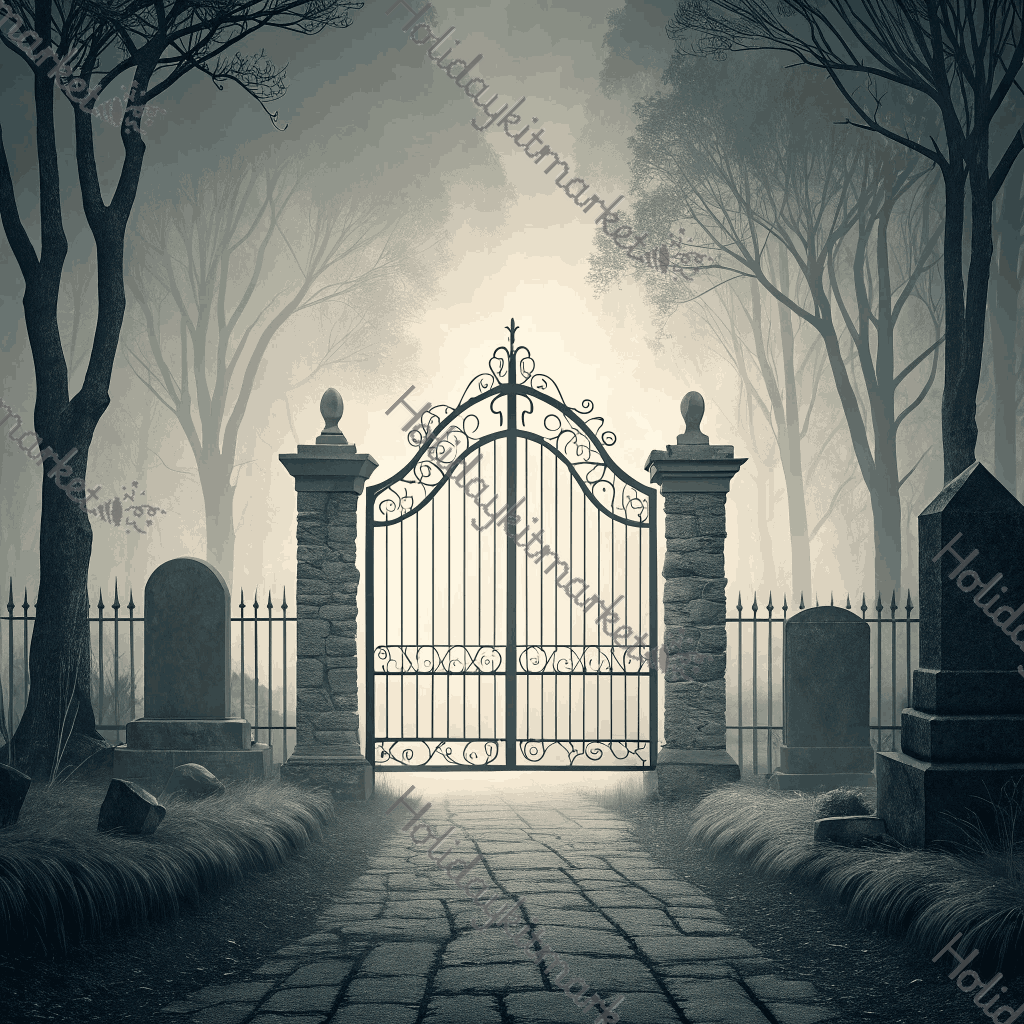 Foggy Cemetery Gate Poster